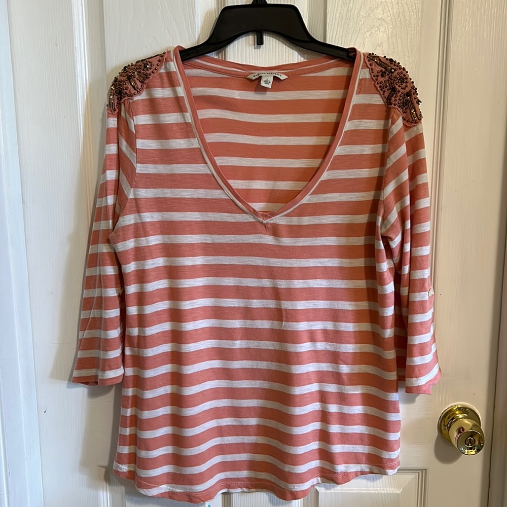 Banana Republic stripped 3/4 Top with Beaded Shoulder Accent